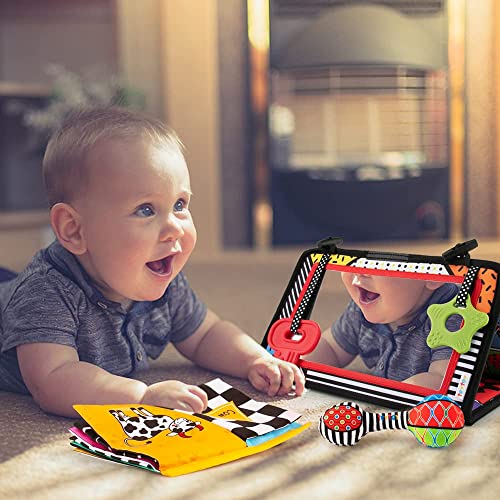 3-in-1 Tummy Time Mirror Toys with Soft Crinkle 3D Activity Book,Teeth