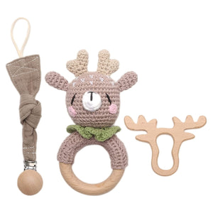 3 Pcs Wooden Baby Rattle Teething Set Teether & Crochet Rattles, Bracelet and Chewable Smooth Pacifier Clip Sensory for Infants and Toddlers