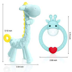 SHARE&CARE BPA Free 2 Silicone Giraffe Baby Teether Toy with Storage Case, for 3 Months Above Infant Sore Gums Pain Relief and Baby Shower, Set of 2 Different Teething Toys (Blue)