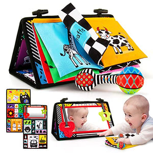 3-in-1 Tummy Time Mirror Toys with Soft Crinkle 3D Activity Book,Teethers, Rattle,High Contrast Black and White Montessori Baby Crawling Toys Developmental Newborn Infant Sensory Toys Gift 0-12 Months