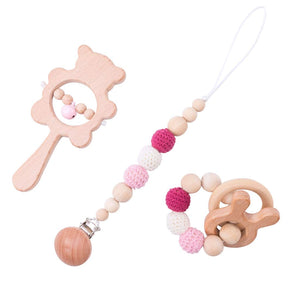 3 Pcs Wooden Baby Rattle Teething Set Teether & Crochet Rattles, Bracelet and Chewable Smooth Pacifier Clip Sensory for Infants and Toddlers