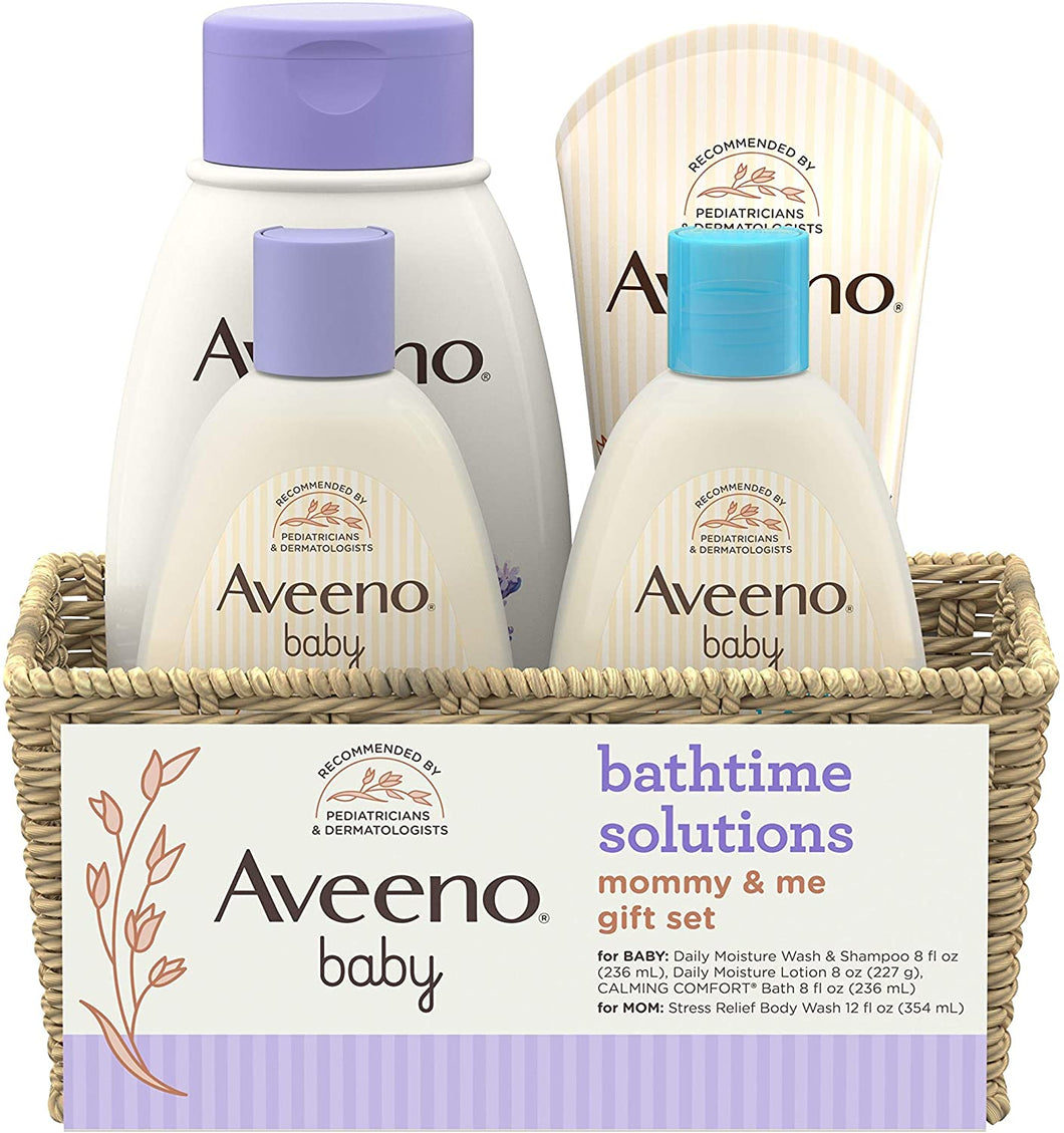 Aveeno Baby Mommy & Me Daily Bathtime Gift Set including Baby Wash & Shampoo, Calming Baby Bath & Wash, Baby Moisturizing Lotion & Stress Relief Body Wash for Mom, 4 Items