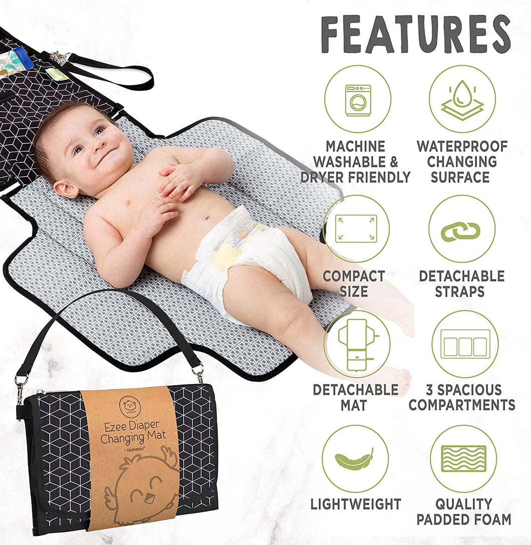 Baby Diaper Changing Pad - Portable Waterproof Diaper Changing Mat - Folding Diaper Changing Station - Travel Diaper Change Pads - Changing Clutch - Detachable Stroller Hooks - Baby Shower (Black Geo)